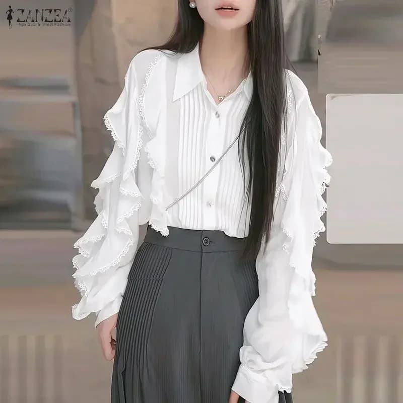 2026 ZANZEA Women Fashion Shirts Long Sleeve Ruffled Blouse Spring Autumn Elegant Office OL Lady Tops Tunic Solid Casual Blusas