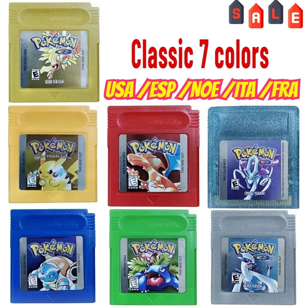 Cartuccia di Gioco GBC Serie Pokemon 16Bit, Scheda Console Multilingue Rossa Blu Cristallo Oro Verde Argento Giallo