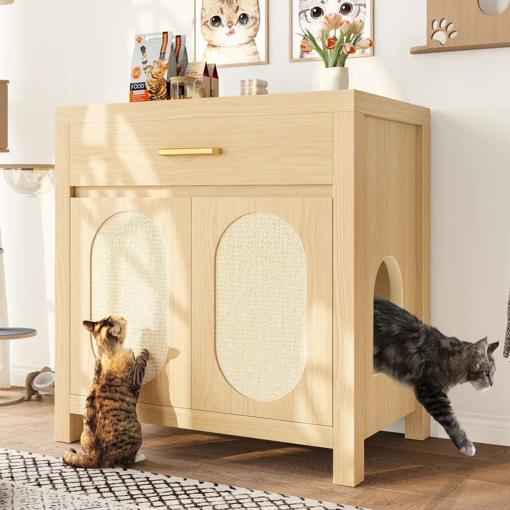 Mobiletto per Lettiera per Gatti, Lettiera Nascosta con Porte con Tiragraffi e Cassetto Portaoggetti, Bagno per Gatti in Legno