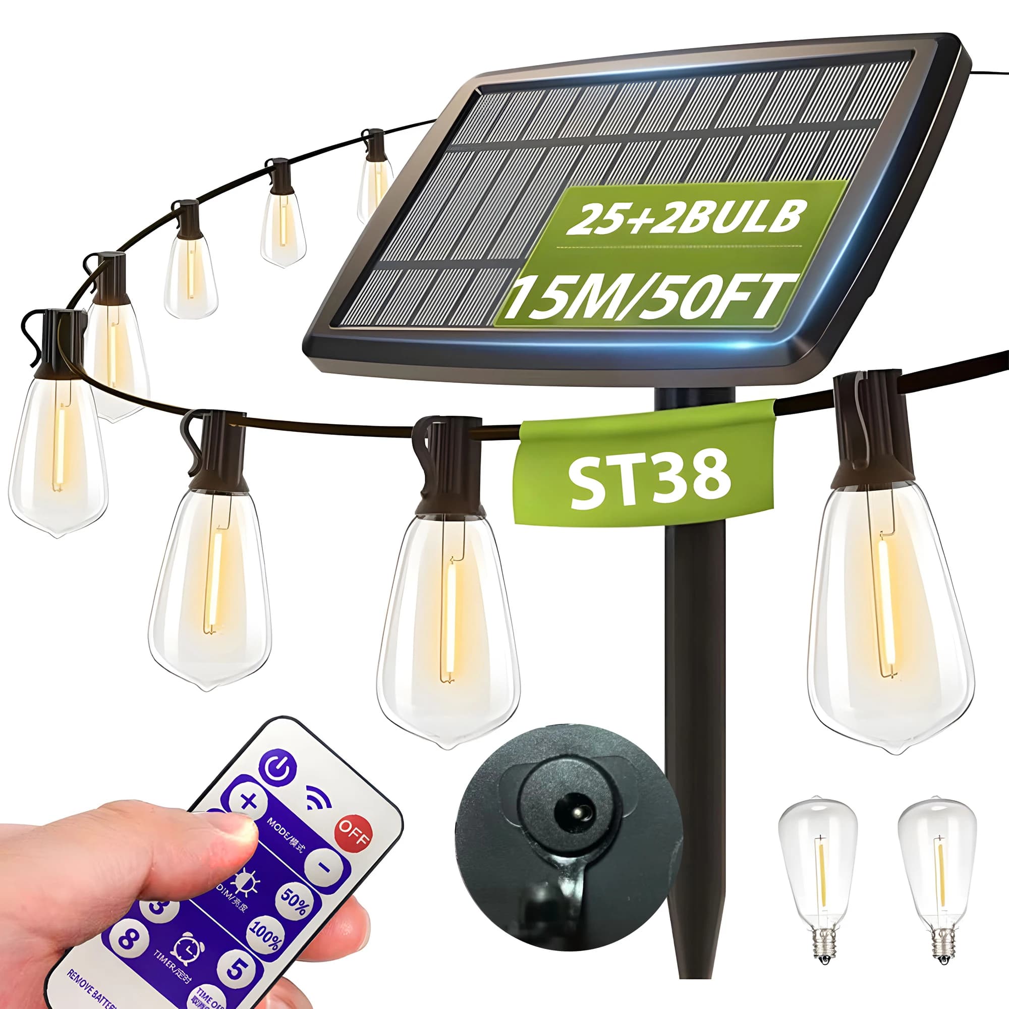 Luci Solari da Esterno a Stringa 50FT LED con 25+2 Lampadine ST38 Infrangibili e Impermeabili per Patio, Giardino, Campeggio e Decorazioni