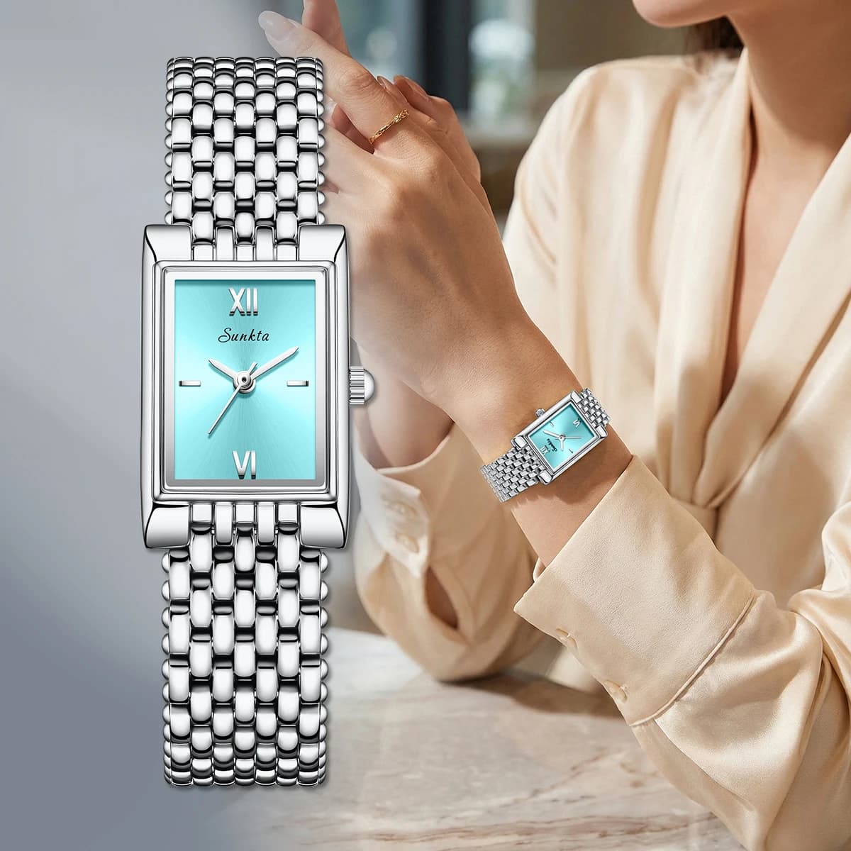 SUNKTA Orologi da polso al quarzo quadrati da donna in acciaio inossidabile, piccolo orologio da donna di lusso, casual, alla moda, color argento