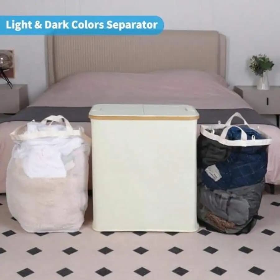 Laundry Hamper With Lid Double Laundry Hamper With 2 Removable Bags 2 Section Laundry Basket With Bamboo Handles For Bathroom