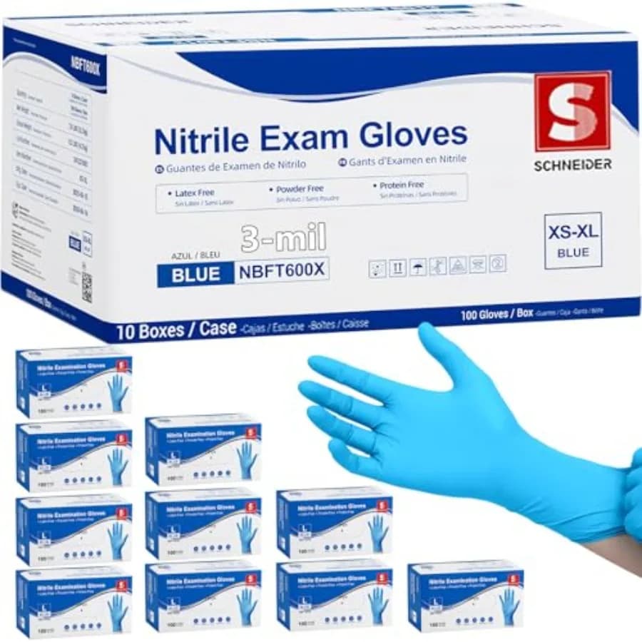 Guanti in Nitrile Schneider per Esami Medici, Blu, Monouso, Senza Lattice, per Pulizie, Cucina e Preparazione Alimenti
