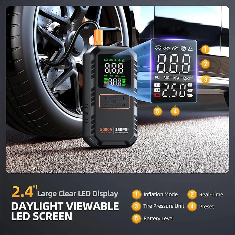 Avviatore di emergenza per auto 4 in 1 con compressore d'aria Picco 5000A Batteria automatica Booster Pompa d'aria 150PSI Accumulatori e caricabatterie di riserva portatili Nuovo