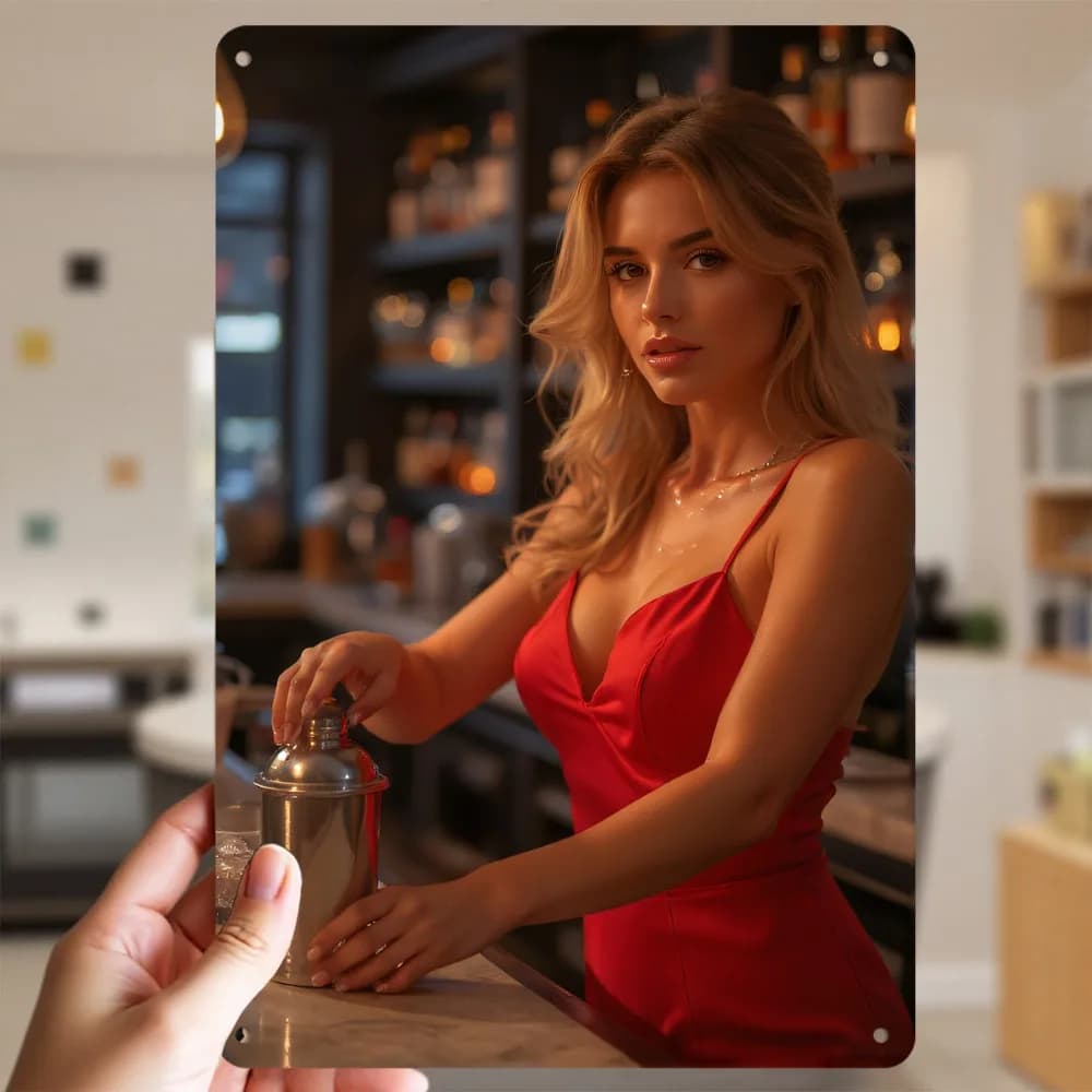 Targa in Metallo HD con Barman Sexy in Abito Rosso, Shaker per Cocktail, Ritratto da Bar, Decorazione da Parete