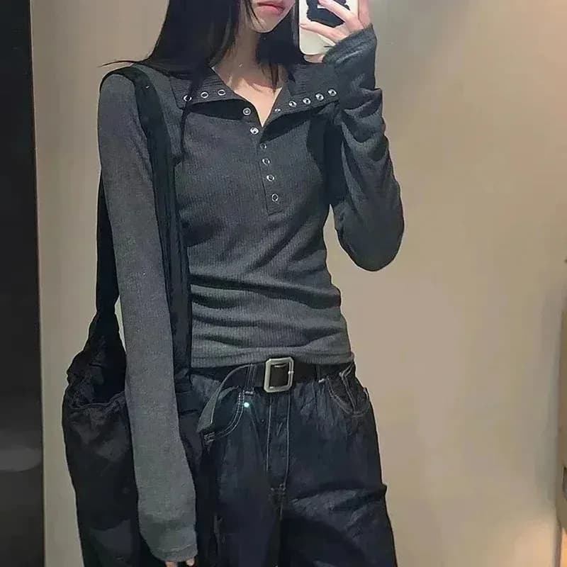 Y2K High Street Maglioni da donna Nuovo grigio bianco con bottoni sul fondo Pullover Donna Slim Fit T-shirt lavorata a maglia a maniche lunghe