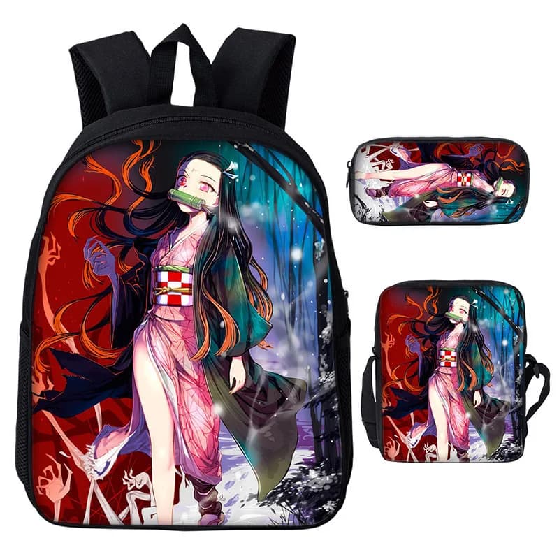 3Pcs Demon Slayer Nezuko Backpack Set Anime Print School Bag Crossbody Bag Pencil Case Student Travel Storage Kit Fans Gift