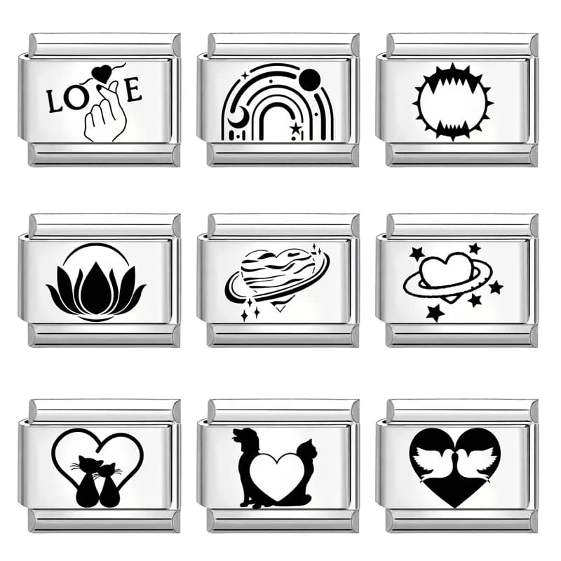 Y2K Creative Laser Engraving Cat Dog Heart Star Moon Eye Rainbow Italian Charm Links Fit 9mm Stainless Steel Bracelet DIY Making