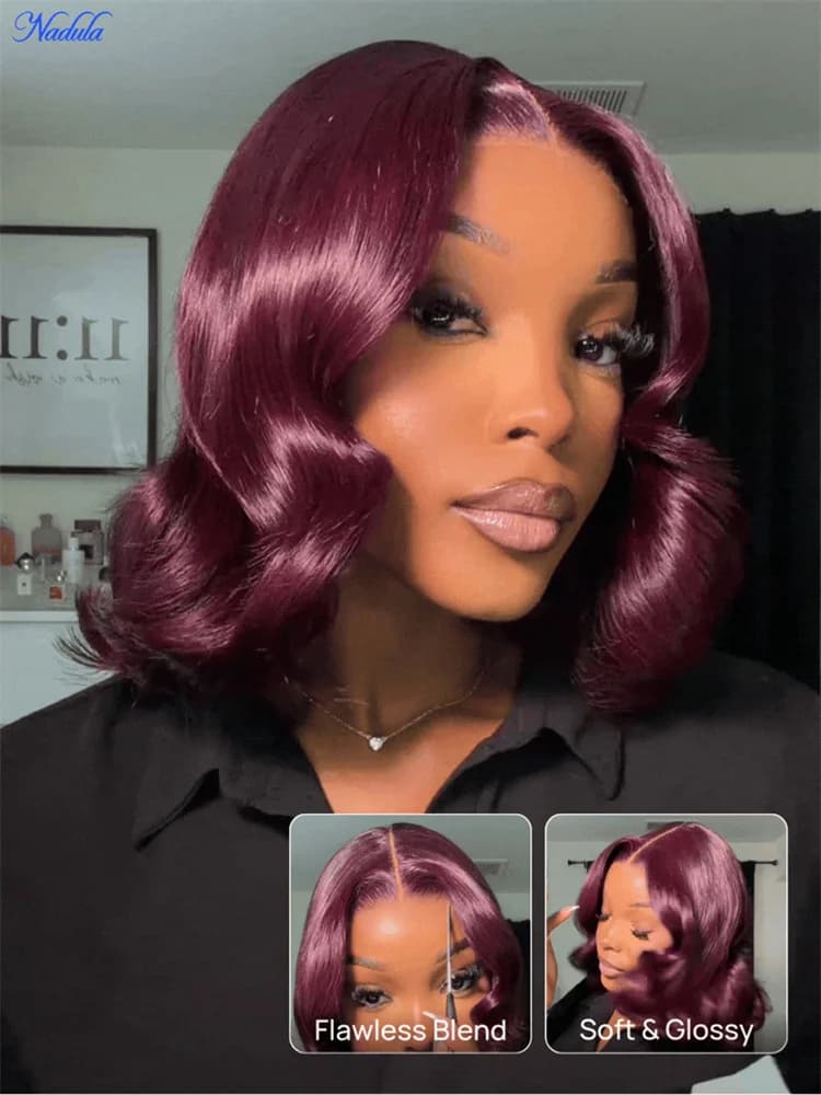Nadula 7x5 Bye Bye Slip Glueless Bob Wig Black Cherry Short Bob Human Hair Wig with Curtain Bang 7x5 Pre Cut HD Transparent Lace Pre Bleached Knots Drawstring Glueless Human Hair Wig Ready to Wear Suitable for All Heads Size
