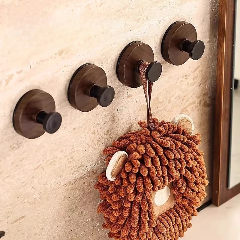 Set di 5 Ganci a Ventosa in Legno di Noce per Porta, Senza Foratura, per Ingresso, Bagno, Asciugamani, Chiavi, Cappelli, Appendiabiti
