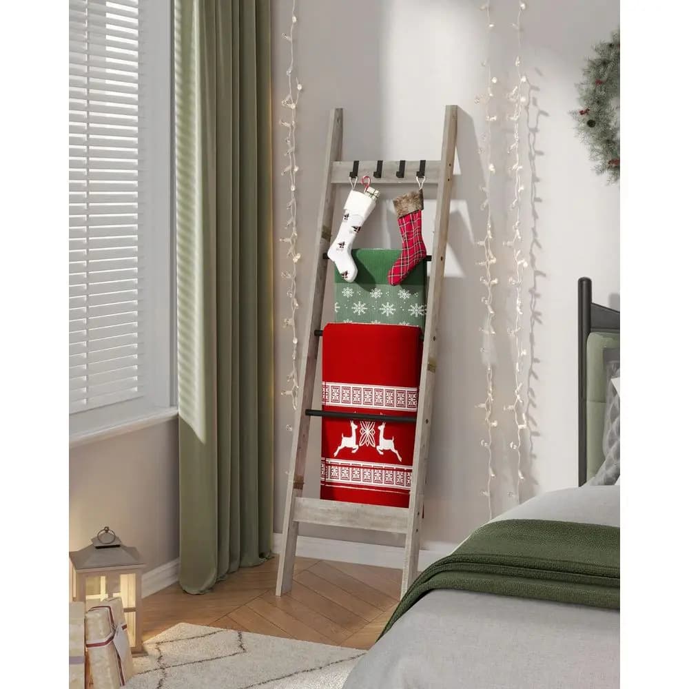Scaffale a Scala Decorativo per Soggiorno, Porta Coperte con 4 Ganci Rimovibili, Organizzatore a 5 Livelli Stile Rustico