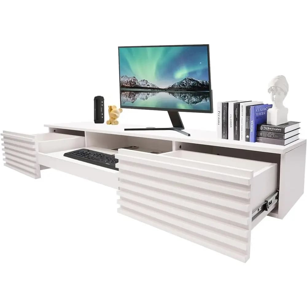 60 Wall-Mounted Desk with Dual Monitor and Keyboard Tray for Home Office, Cable Management, White