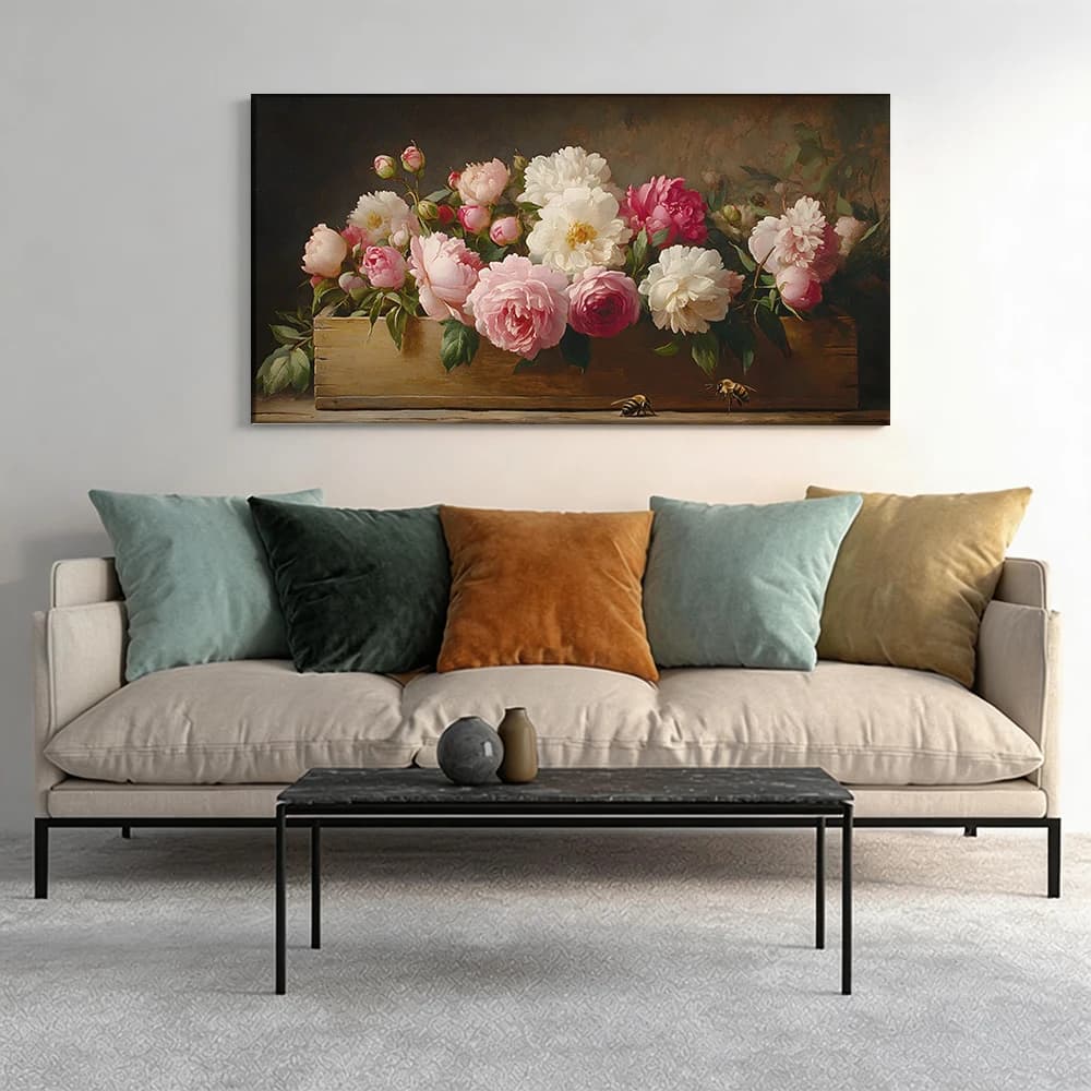 Dipinto su tela con cornice in legno massello di grandi dimensioni, 1 pezzo, Peonie in una scatola, api.