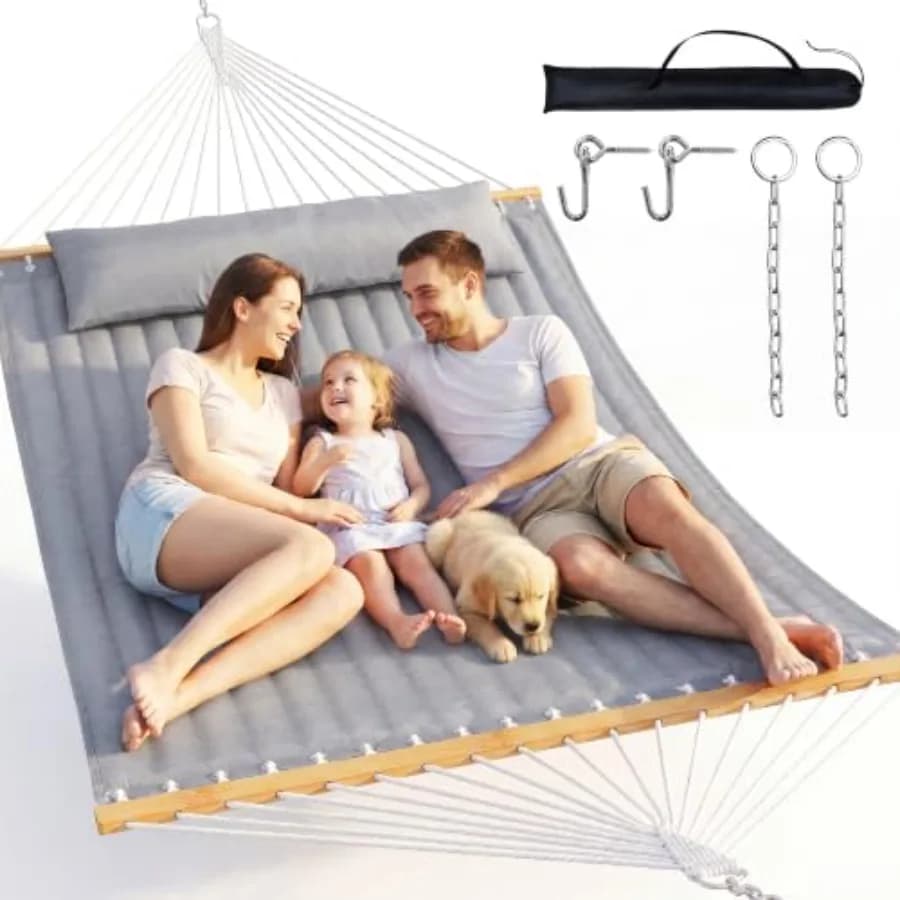 Double Hammock with Spreader Bar - 2 Person Patio Hammock, 500 lbs Capacity, Soft Pillow and Carry Bag, Flat Wide Bed, Portable