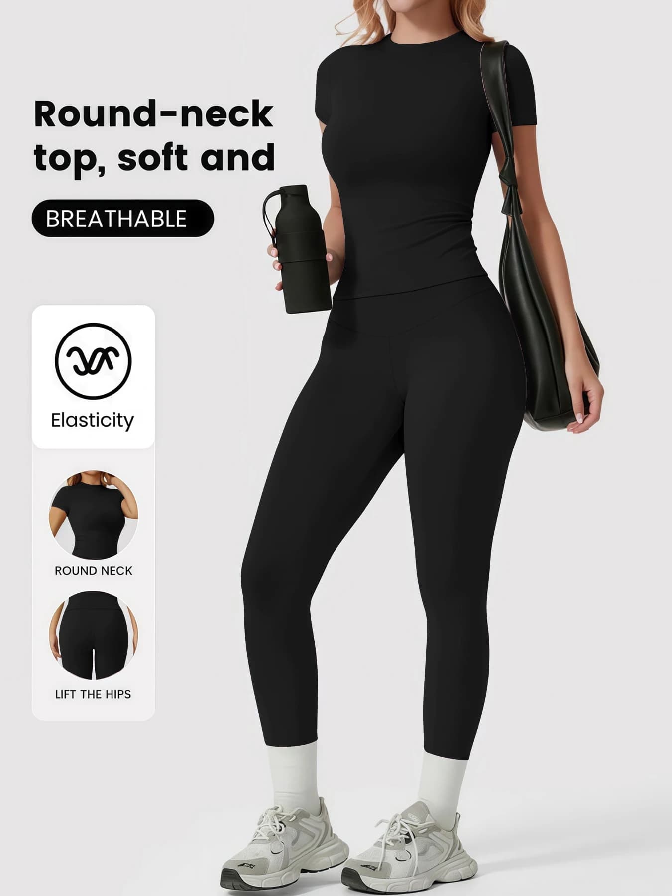 Women's 2 Piece Casual Yoga Set - Round Neck Short Sleeve Top & High Waist Butt Lift Leggings, Soft Breathable Stretchy Workout