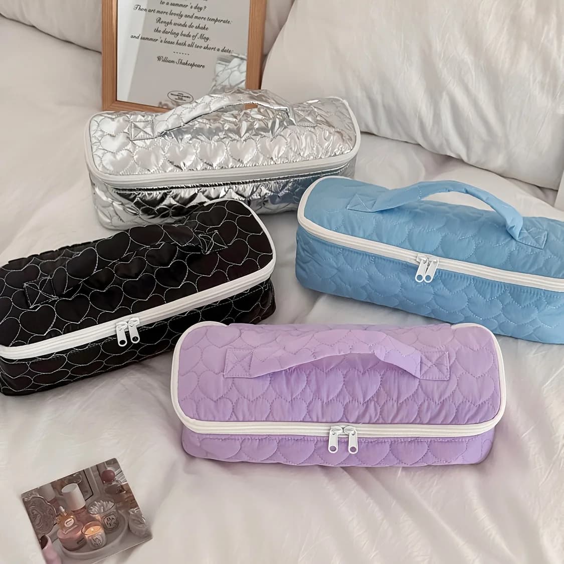 Love Heart Quilted Large Capacity Portable Travel Storage Girly Organizer Pouch Hair Dryer Hair Styling Accessorie Universal Use
