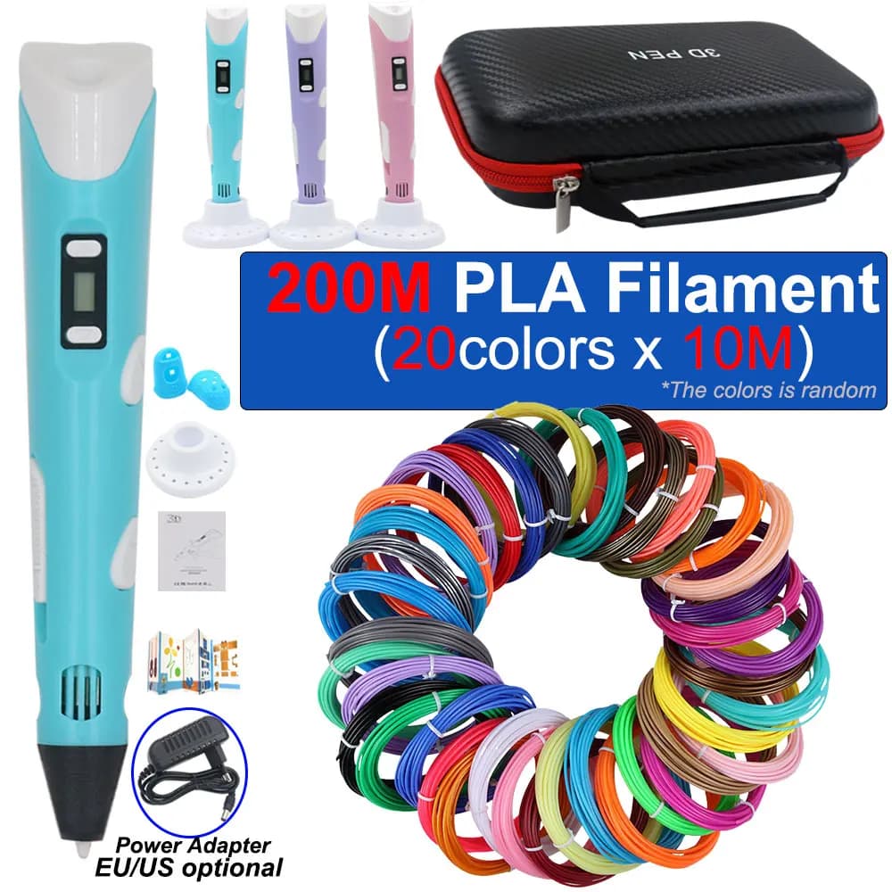 Penna da stampa 3D per bambini con adattatore di alimentazione Schermo LCD Valigia Filamento PLA colorato Regalo di Natale di compleanno per bambini perfetto