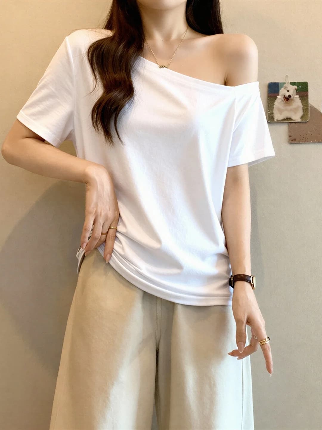 plus Size Women's Fashionable Shoulder Bared Pure Cotton Short Sleeve T-Shirt Summer 2026 Slimming Versatile Korean Style Top