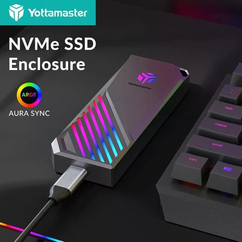 Custodia Yottamaster M.2 NVMe SATA SSD Doppio protocollo 10Gbps NVMe PCIE 5Gbps SATA NGFF Custodia per disco rigido esterno Supporto da 8TB AURA SYNC