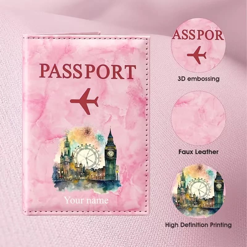 Custom Name London Landmark Watercolor Art Style Passport Holder, Combining Classic Architectural Elements of Big Ben