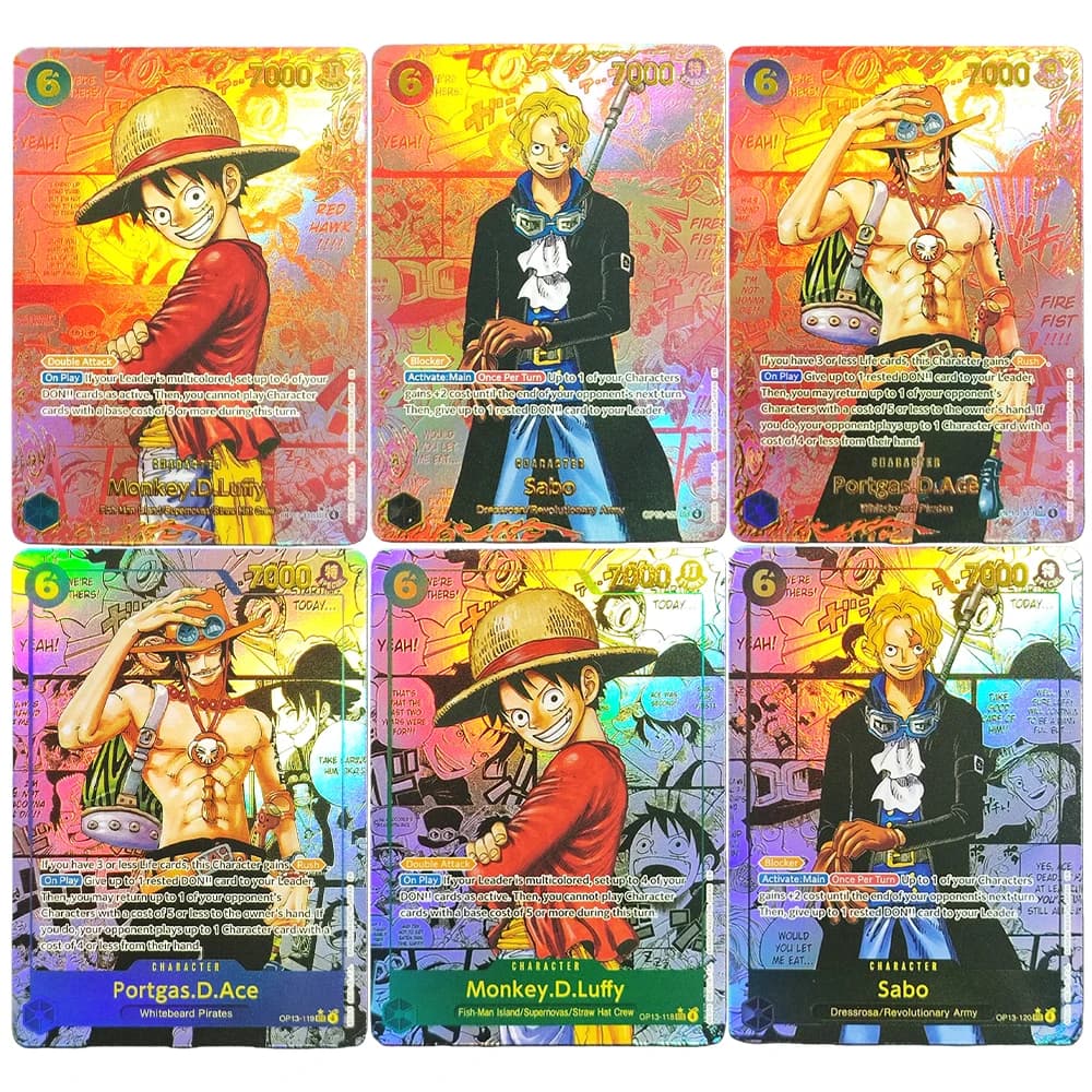 Proxy One Piece Self Made OPCG inglese/giapponese Rufy Sabo Ace che trasporta la sua volontà OP-13 Collezione in oro rosso Flash Card Toy