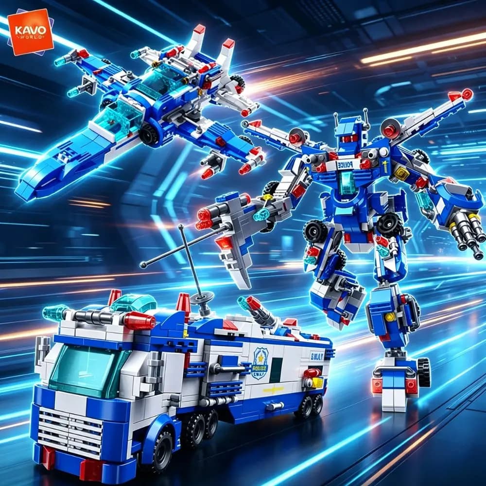 KAVOWORLD Set di Costruzioni Creative a Tema Polizia 679 Pezzi, Blu e Bianco, Giocattoli Trasformabili per Gioco Immaginativo, Migliori Regali per Bambini