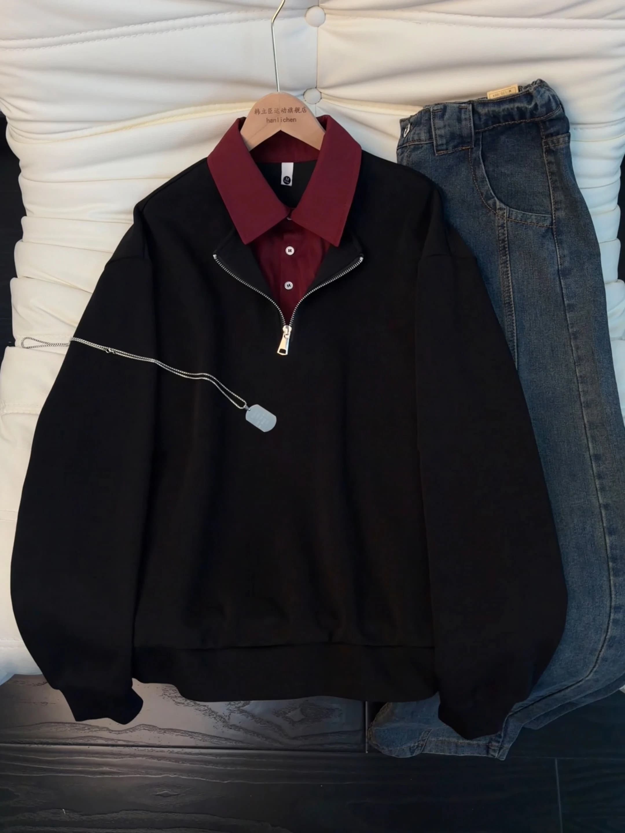 Felpa con Mezza Zip Nera da Uomo, Moda Primaverile, Stile Camicia con Colletto a Contrasto, Manica Lunga, Abbigliamento Casual Giovanile