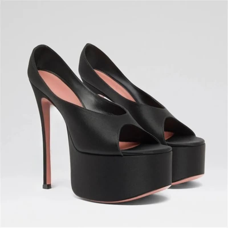 Nuove Scarpe di Lusso Nere con Tacco Alto per Donna, Sandali con Punta Aperta e Plateau, Tacchi a Spillo Sexy, Scarpe Slip-On da Donna