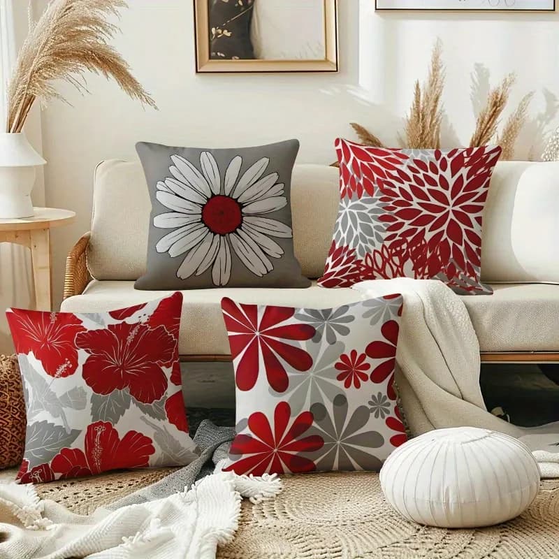4Pcs Red Grey Flower Pillow Covers 45x45cm Double-sided Printed Daisy Hibiscus Cushion Cases Modern Sofa Decor Throw Pillows No