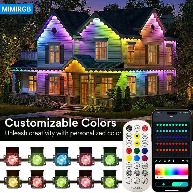 Smart RGBIC Eaves LED Lights, IP67 Waterproof Permanent Outdoor String Lighting, Color Changing Decor Lamp for Halloween Christmas Roof Holiday Party Decors