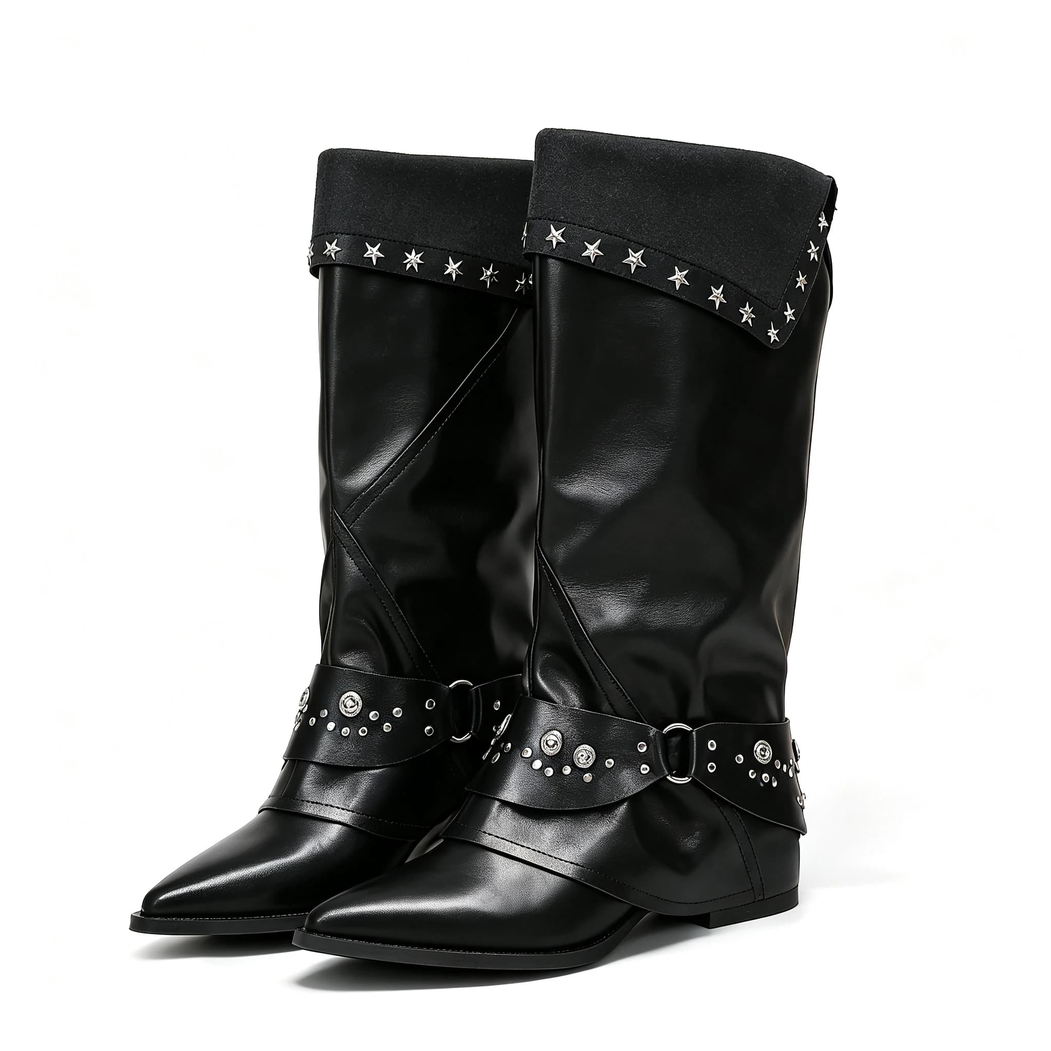 Vintage Women Cowboy Boots Western Mid Calf Pointed Toe Studded Rivet Low Heel Fold Over Biker Riding Boots Black Khaki