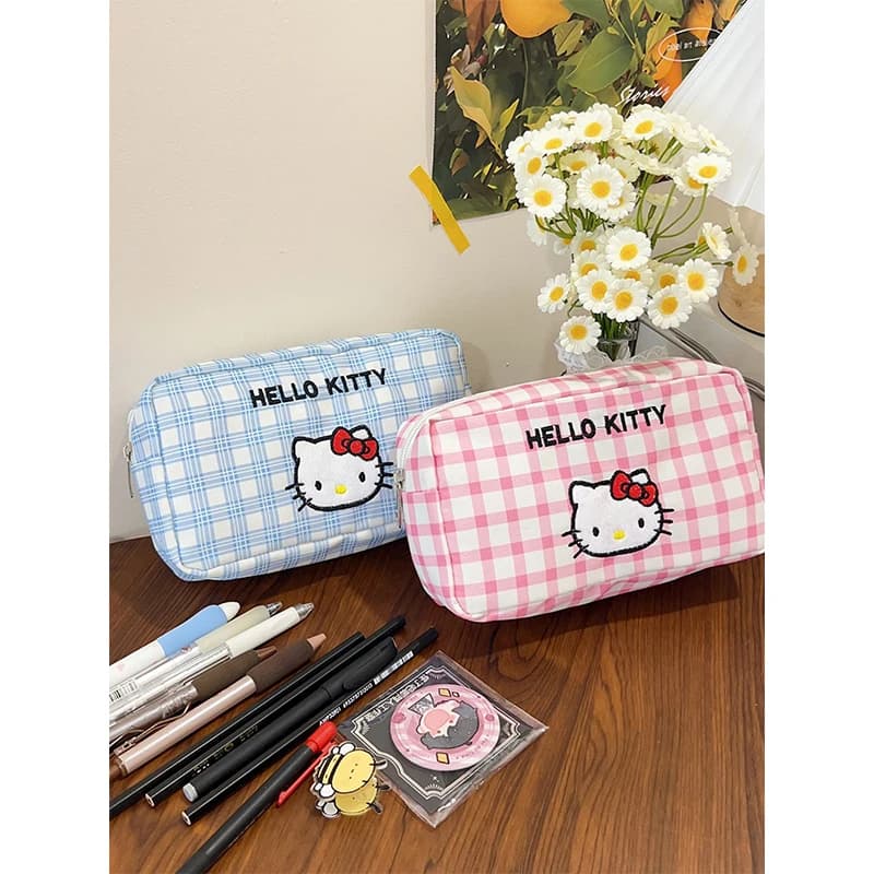 Borsa Quadrata a Quadretti Kawaii Hello Kitty, Portamonete Portatile, Borsa per il Trucco, Borsa Portaoggetti, Borsa per Cancelleria, Regalo Sanrio per Ragazze