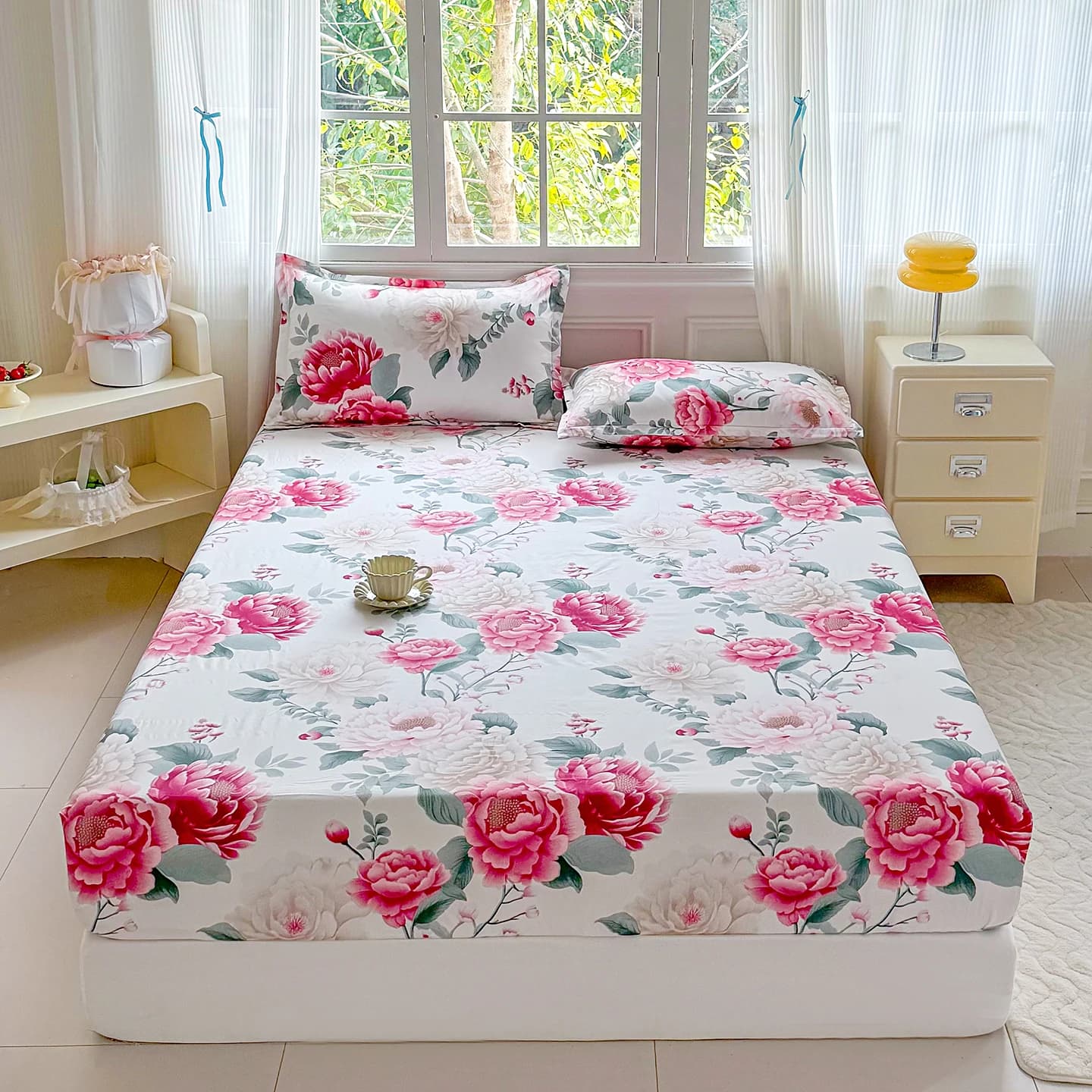 Flower Printed Fitted Sheet with Elastic Single/Twin/Queen/King Sabana Para Cama Skin-friendly Fitted Bed Sheet Roupa De Cama