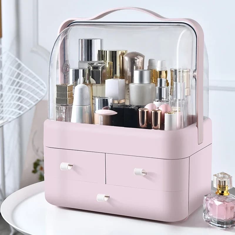 Scatola di ricezione di cosmetici organizzatore di trucco da tavolo antipolvere con cassetto per prodotti per la cura della pelle scaffale per scatola di immagazzinaggio per la casa