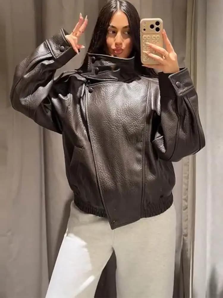 2026 Spring Women's Faux Leather Jacket Brown Black Long Sleeve Stand Collar Thick Loose Lady Coat Fashion Motorcycle Streetwear