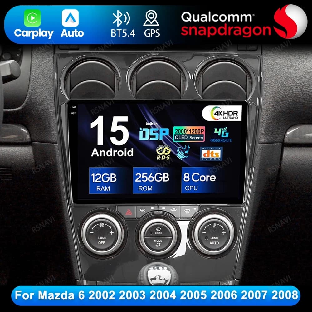 Android 15 Per Mazda 6 2002 2003 2004 2005 2006 2007 2008 Qualcomm BT 5G WIFI QLED Autoradio Stereo Navigazione GPS DVD 4G LTE
