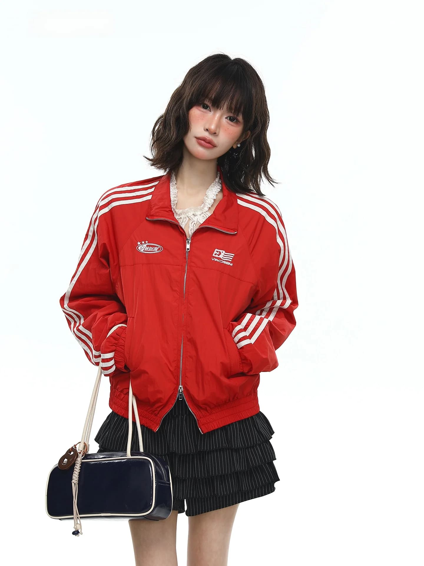 Astrsk Retro Style Women's Sporty Casual Short Jacket Striped College Fashion Zipper Open Cardigan Outerwear Ladies Coat