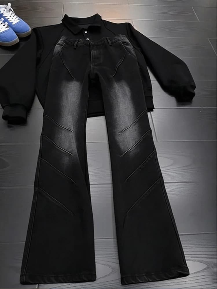 Retro American Folded Denim Jeans Men's Cleanfit Sle Waed Straight Leg Micro Flared Pants Casual mid Waist Zipper Fly