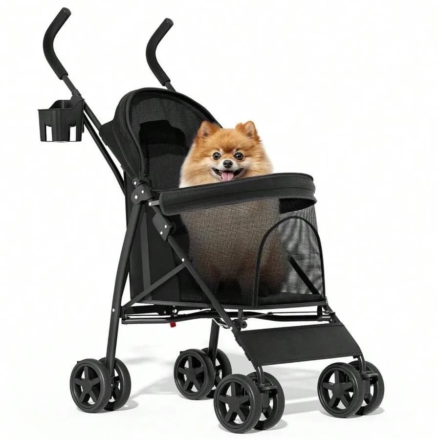 【Nuovo stile】Passeggino per animali domestici a 4 ruote, passeggino pieghevole per cuccioli con copertura parasole, imbottitura e borsa portaoggetti posteriore, traspirante e