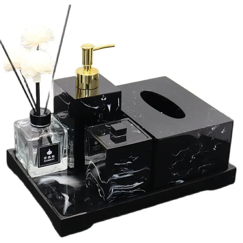 Set da Bagno in Resina con Motivo Marmo Nero, Vassoio Portaoggetti, Portaspazzolino, Dispenser Sapone Liquido, Forniture per Hotel