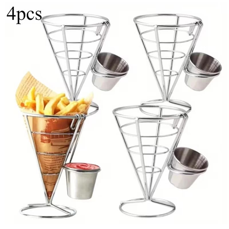 Four stainless steel racks with sauce cups, perfect for kitchens, restaurant buffet, picnic parties and family meetings