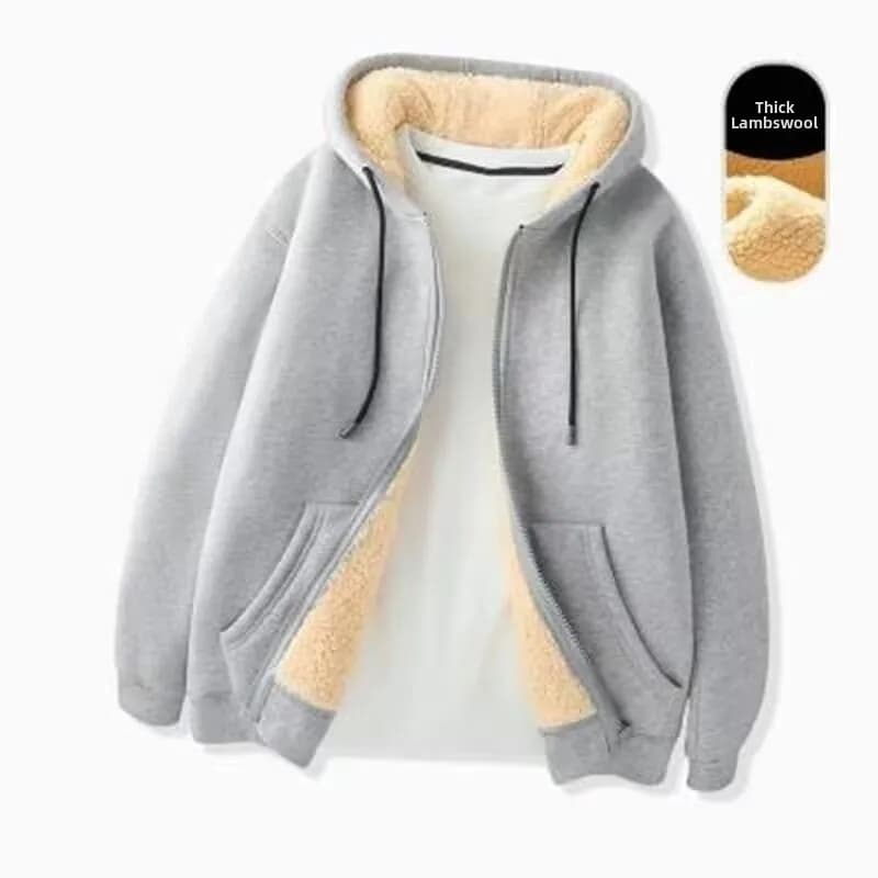 Black Lamb Velvet Jacket Men's Autumn Winter Thickened Warm Hooded Zipper Cardigan Sweatshirt Casual Loose Fit Long Sleeve