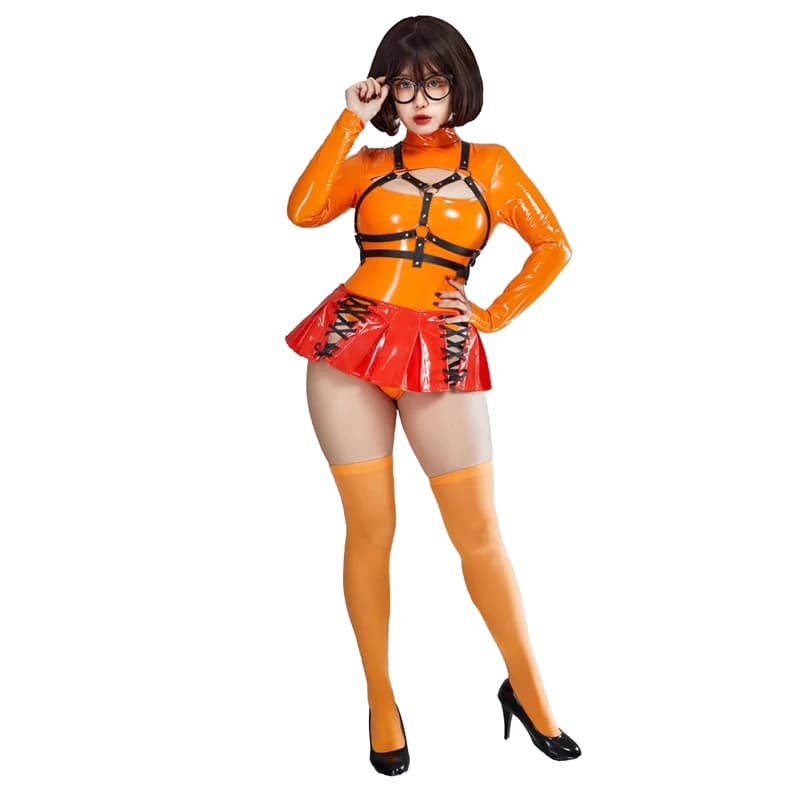 Anime Velma Seragam Costume Cosplay Woman Sexy Leather Petto Open Tuta Gonna Socks Dresses Halloween Carnival Party Dresses