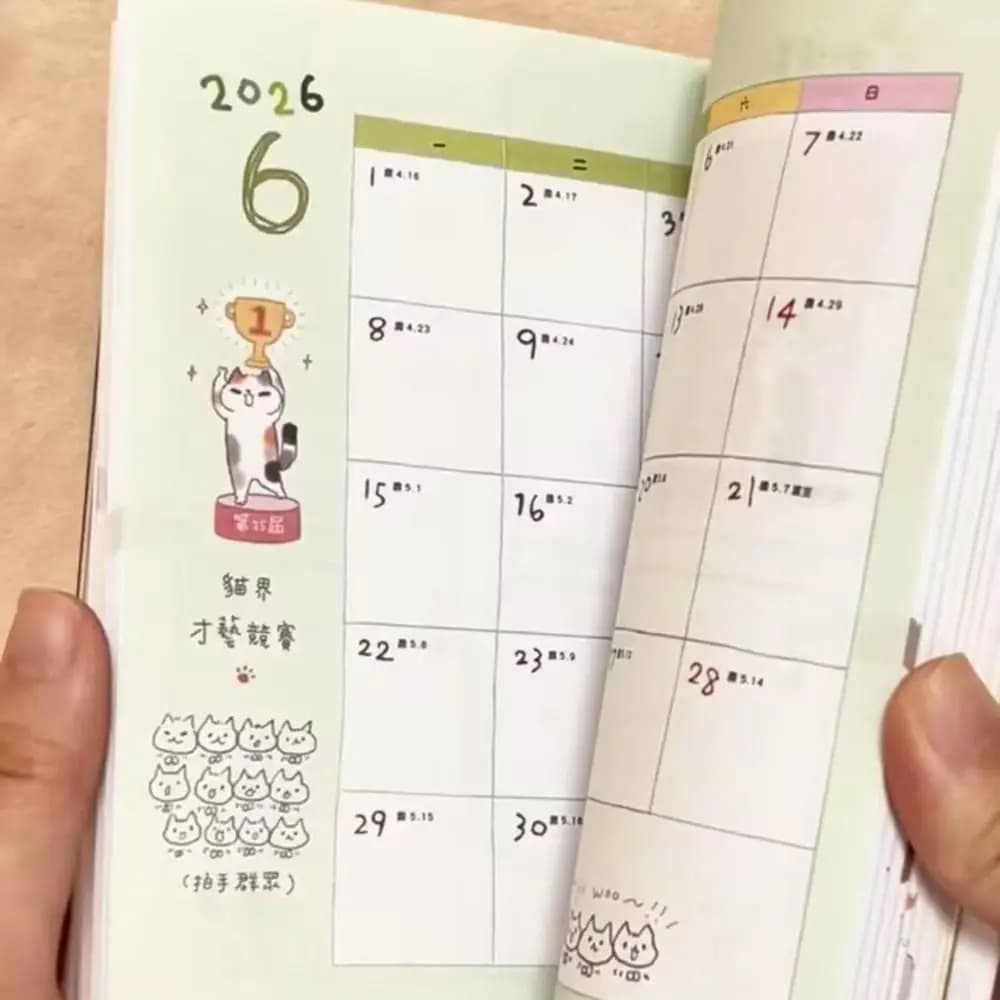 Cartoon Cute Kitten Illustration 2026 Planner con calendario Lista delle cose da fare Agenda Libro B6 Notebook Studenti