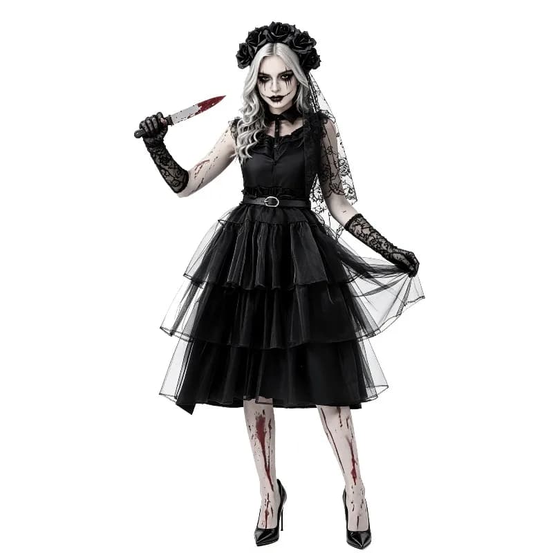 The Ghost Bride Cosplay Zombie Costume Vampire Cos Black Wedding Dress with Accessories Full Set Halloween Party for Women