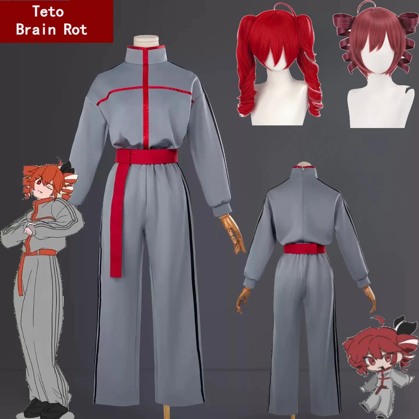 Set Costume Cosplay Teto Brain Rot con Parrucca, Outfit da Cantante Virtuale Teto, Cappotto, Cintura, Abiti di Halloween per Donne