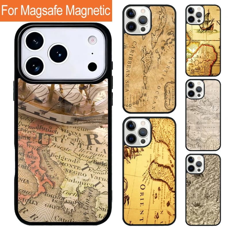 Custodia Magnetica Wireless per iPhone con Mappa Nautica Antica e Cover Magsafe per iPhone 17 Pro 16 15 13 12 11 Pro Max Air 14 Plus