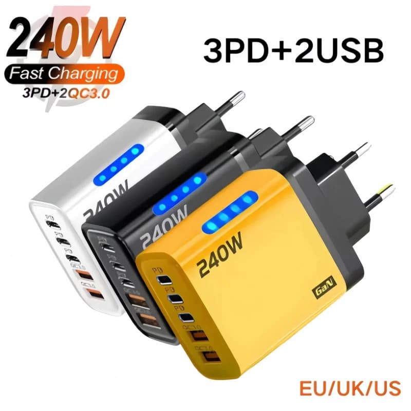 Caricatore USB GaN 240W 5 in 1 con ricarica rapida, spina EU/US/UK, caricatore da parete rapido per cellulari, adattatore da viaggio per iPhone, Xiaomi, Huawei