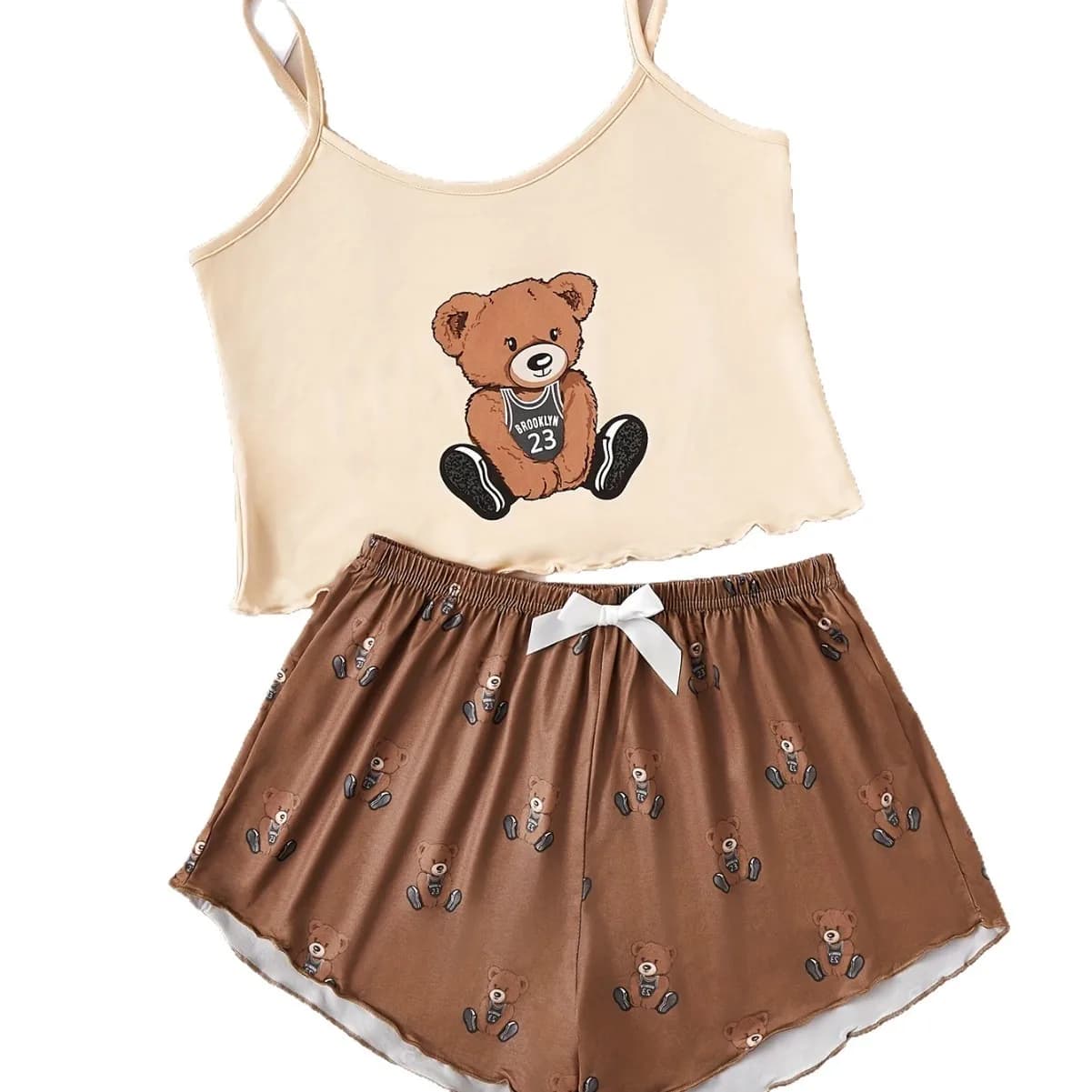 Women Cute Teddy Bear Print Pajama Set, 2Pcs Sleeveless Cami Top and Shorts Soft Sleepwear Loungewear