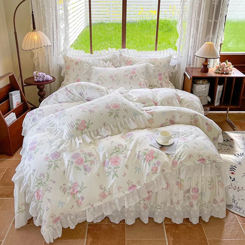 100% cotone stile principessa coreana pizzo floreale volant set biancheria da letto set copripiumino trapuntato gonna letto lenzuolo con angoli federe